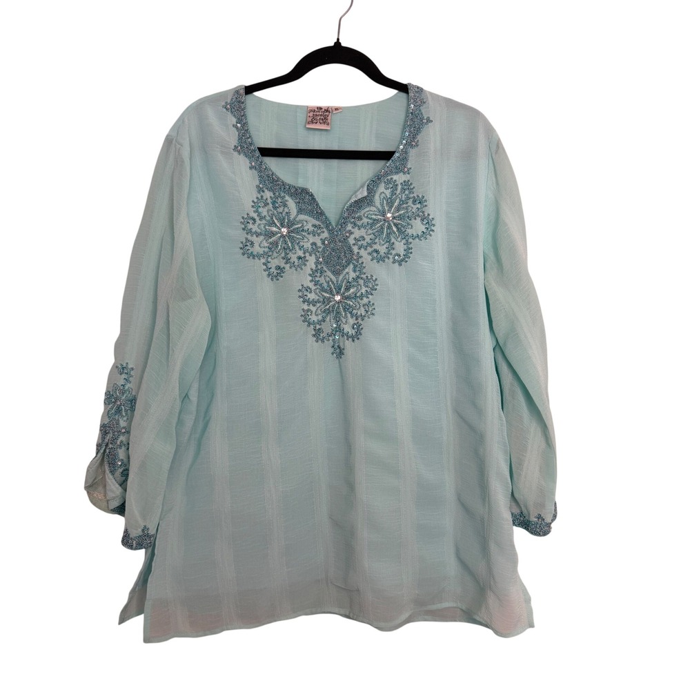 Parsley & Sage Womens XL Blue Embroidered Sequin Tunic Top 3/4 Sleeve Blouse